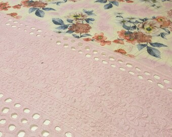 Pure Cotton Broderie Anglaise Floral Print Embroidery Hole Border Dress Fabric (Coral with Pink Flowers)