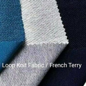Pode incluir: Close-up de três amostras de tecido: azul escuro, cinza claro e azul marinho escuro. O texto "Loop Knit Fabric / French Terry" é visível na imagem.