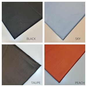 May include: Four fabric swatches in different colors: black, sky blue, taupe, and peach.