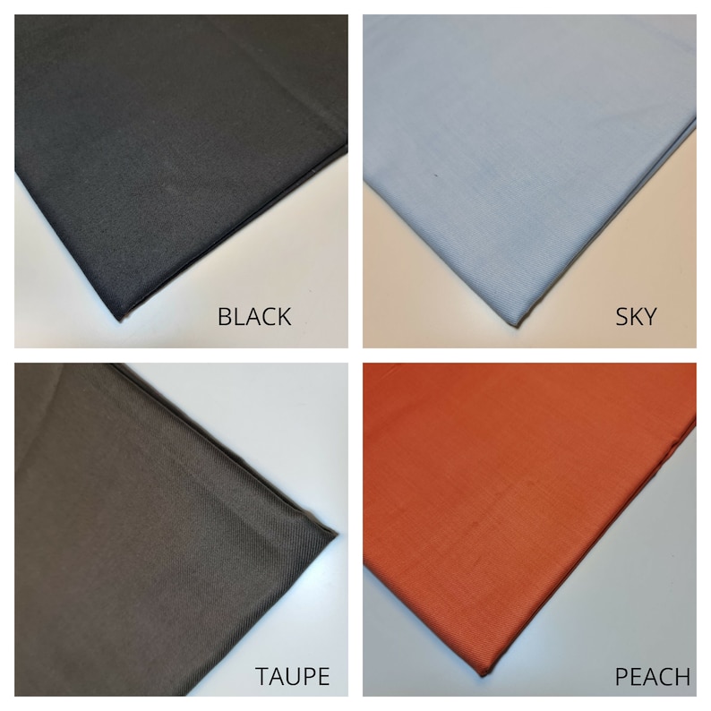May include: Four fabric swatches in different colors: black, sky blue, taupe, and peach.