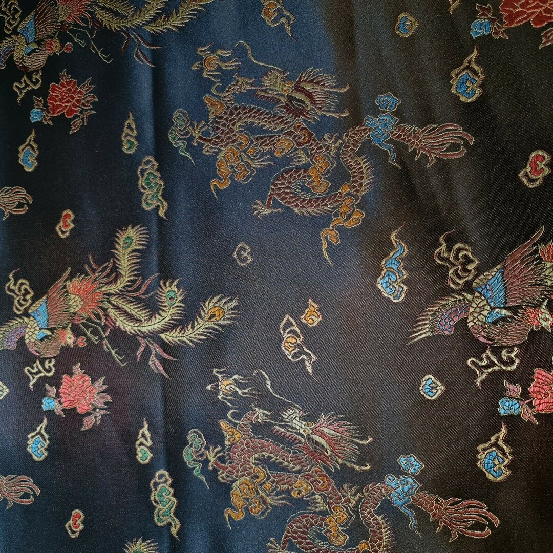 Black Traditional Chinese Embroidered Brocade Fabric Silky Satin ...