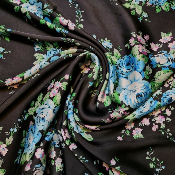floral satin dress fabric Painterly Floral Printed Polyester Satin Organza - Blue/Black/White