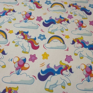 White Unicorn 100% Cotton Printed Canvas Floral Rainbow Birds Craft Fabric 58&quot;