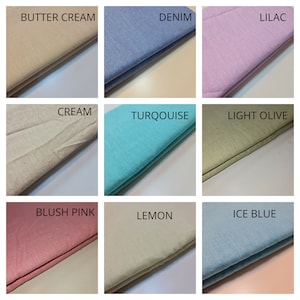 May include: Nine fabric swatches in various colors, including butter cream, denim, lilac, cream, turquoise, light olive, blush pink, lemon, and ice blue.