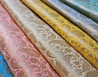 Ornamental Paisley Print Pastels Gold Metallic Jacquard Material Indian Banaras Brocade Fabric Design 44&quot; By Meter