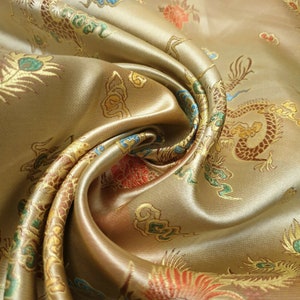 Gold Traditional Chinese Embroidered Brocade Fabric Silky Satin Oriental Dragon Dress Craft Costume Material 36&quot; By Meter
