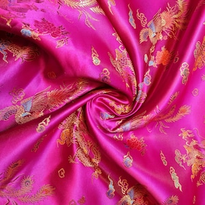 Hot Pink Traditional Chinese Embroidered Brocade Fabric Silky Satin Oriental Dragon Dress Craft Costume Material 36&quot; By Meter