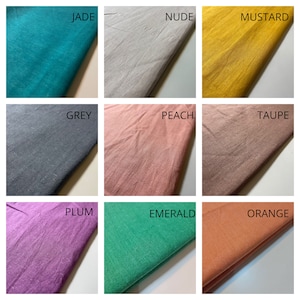May include: Nine fabric swatches in different colors, including jade, nude, mustard, grey, peach, taupe, plum, emerald, and orange. The swatches are arranged in a 3x3 grid.