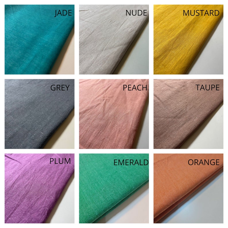 May include: Nine fabric swatches in different colors, including jade, nude, mustard, grey, peach, taupe, plum, emerald, and orange. The swatches are arranged in a 3x3 grid.