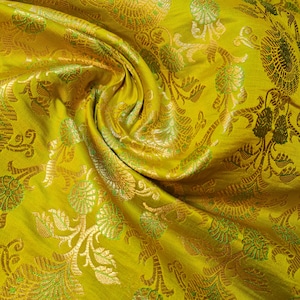 Ornamental Christmas (Lime) Floral Gold Metallic Print Indian Banarasi Brocade Fabric