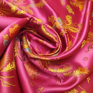 Cerise Pink Traditional Chinese Embroidered Brocade Fabric Silky Satin Oriental Dragon Dress Craft Costume Material 36&quot; By Meter