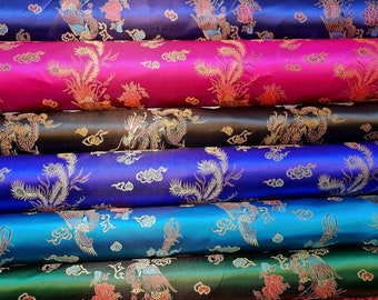 Oriental Chinese Embroidery Brocade Material Poly Silk Satin Oriental Dragon Fabric 36&quot;