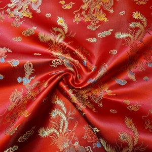 Red Traditional Chinese Embroidered Brocade Fabric Silky Satin Oriental Dragon Dress Craft Costume Material 36&quot; By Meter