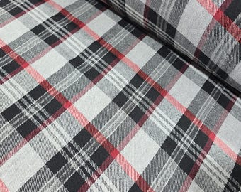 Grey Black Red Tartan Plaid Fabric, Soft Brushed Check Flannel, Classic Winter Shirt Pyjama Dressmaking Fabric By The Metre