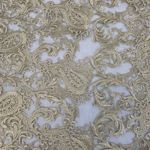 Duck Egg Grey Net Paisley Metallic Multi Thread Gold Embroidery Dressmaking Crafting Fabric 58&quot;