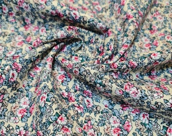 Cream 100% Cotton Poplin Floral Print Fabric – Soft Dress, Craft, Quilting Material – 58" Wide – Sold by the Meter