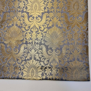 Marl Grey Damask Floral Leaf Gold Metallic Indian Banarasi Brocade Fabric Dress Craft Costume Material 44&quot; By The Meter