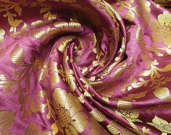 Tessuto damascato indiano Banarasi con motivo floreale in foglia d'oro metallizzato (larghezza 44 - 112 cm) Design -2 (blu navy) - Italia