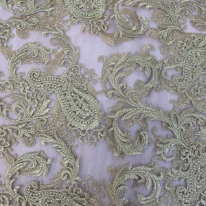 Rose Pink Net Paisley Metallic Multi Thread Gold Embroidery Dressmaking Crafting Fabric 58&quot;