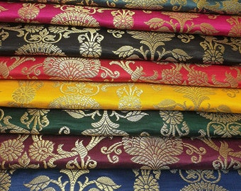 Peacock Trail Ornamental Floral Gold Metallic Print Indian Banarasi Brocade Fabric Dress Craft Costume Material 44&quot;