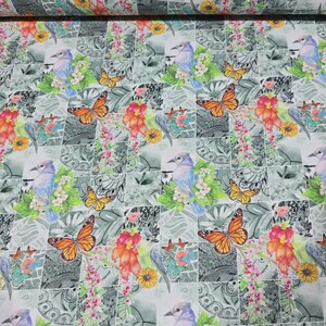 Bird Butterfly Floral Cotton Fabric 58" Wide – Colorful Nature Patchwork Print Dressmaking Craft Fabric by the Meter