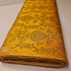 Mustard Peacock Trail Floral Gold Metallic Print Indian Banarasi Brocade Fabric Dress Craft Costume Material 44&quot; By The Meter