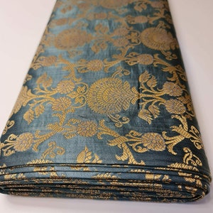 Marl Grey Peacock Trail Floral Gold Metallic Print Indian Banarasi Brocade Fabric Dress Craft Costume Material 44&quot; By Meter