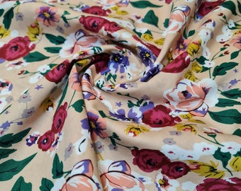 Beige 100% Cotton Poplin Floral Print Fabric – Soft Dress, Craft, Quilting Material – 58" Wide – Sold by the Meter