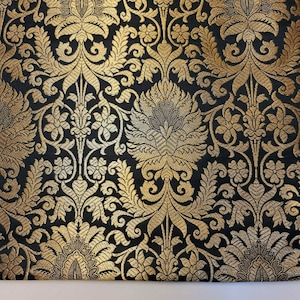 Black Damask Floral Leaf Gold Metallic Indian Banarasi Brocade Fabric Dress Craft Costume Material 44&quot; By The Meter