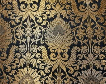 Black Damask Floral Leaf Gold Metallic Indian Banarasi Brocade Fabric Dress Craft Costume Material 44" By The Meter