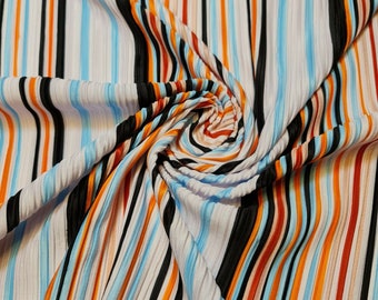 Vintage Multi Stripe Mixed Bar Lines Printed Pleated Plisse Jersey Fabric 58"