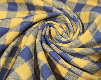 Yellow Navy Check Brushed Cotton Fabric, Buffalo Plaid Flannel Material, Soft Tartan Fabric for Shirts Pyjamas Dressmaking By Metre