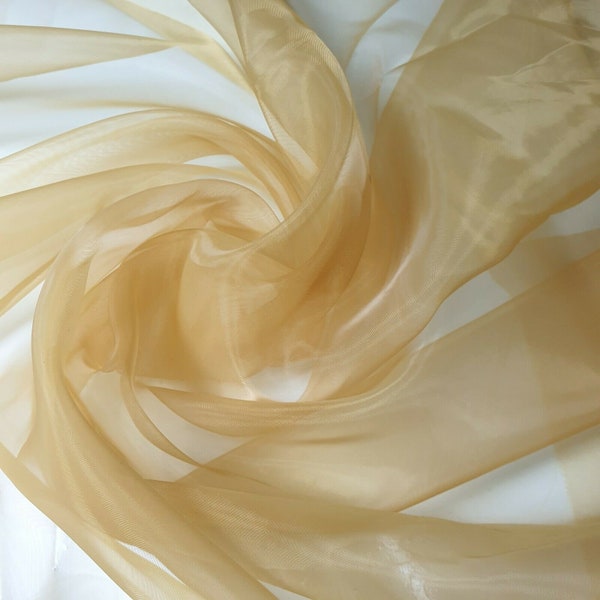 Voilage transparent, organza, drapé, rideau, tissu de mariage, transparent, 100 % polyester, matériau artisanal, 58 à 150 cm de large (doré)