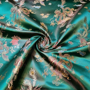 Bottle Green Traditional Chinese Embroidered Brocade Fabric Silky Satin Oriental Dragon Dress Craft Costume Material 36&quot; By Meter
