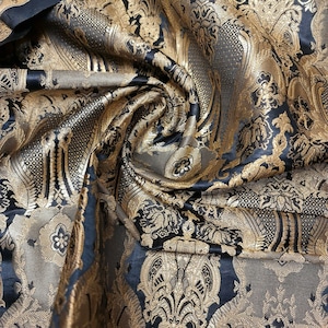Ornamental Damask Premium Gold Metallic Indian Banarasi Brocade Fabric 44&quot; Meter (BLACK)