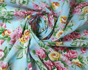 Sky Vintage Roses Floral Polycotton Fabric Craft Dress Quilting Material Meter 44"