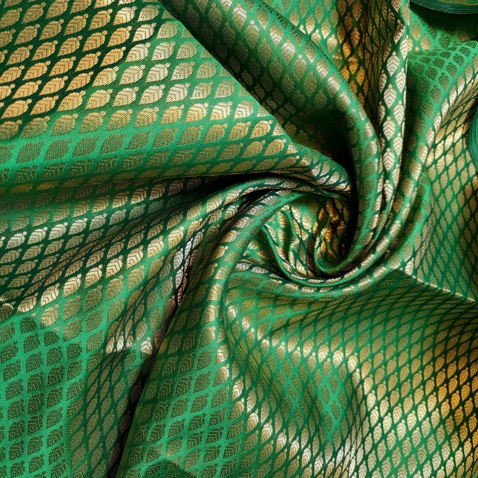Emerald Green Ditsy Gold Leaf Brocade Material Floral Jacquard Indian Banarasi Craft Dress Quilting Drape Fabric 44"