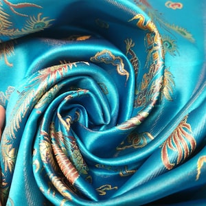 Turquoise Traditional Chinese Embroidered Brocade Fabric Silky Satin Oriental Dragon Dress Craft Costume Material 36&quot; By Meter