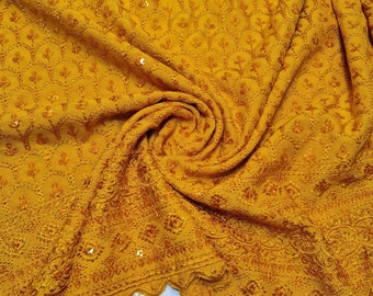 Broderie Anglais Sequin Embroidery ANGLAISE Soft Viscose Dress Craft Fabric 44" (Mustard)