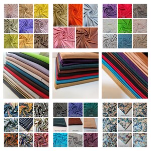 May include: A collection of 36 fabric swatches in various colors and patterns. The swatches are arranged in a grid of 3 rows and 12 columns. The swatches are all made of a soft, stretchy fabric. Some of the swatches have a solid color, while others have a pattern. The swatches are labeled with their color or pattern name.