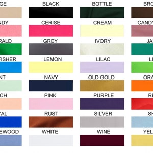 May include: A colour chart with 24 fabric swatches, each labelled with a colour name. The colours include beige, black, bottle, brown, candy, cerise, cream, candy pink, emerald, grey, ivory, jade, kingfisher, lemon, lilac, lime, mint, navy, old gold, orange, peach, pink, purple, red, royal, rust, silver, sky, wedgewood, white, wine, and yellow.