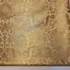 Light Gold Damask Floral Leaf Gold Metallic Indian Banarasi Brocade Fabric Dress Craft Costume Material 44&quot; By The Meter
