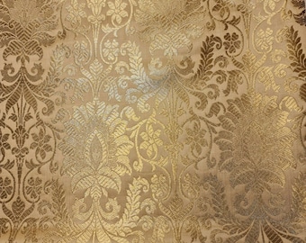 Light Gold Damask Floral Leaf Gold Metallic Indian Banarasi Brocade Fabric Dress Craft Costume Material 44" By The Meter