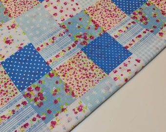 Blue Floral Gingham Spotted Patchwork Printed Poly Cotton Fabric Polycotton Craft 45" BY Meter