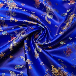 Royal Blue Traditional Chinese Embroidered Brocade Fabric Silky Satin Oriental Dragon Dress Craft Costume Material 36&quot; By Meter