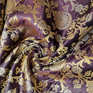 Ornamental Christmas (Plum) Floral Gold Metallic Print Indian Banarasi Brocade Fabric