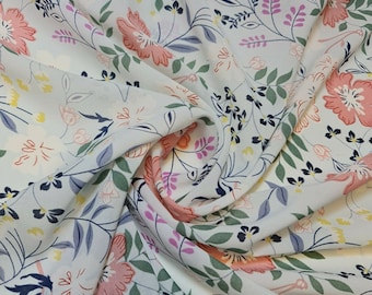 White Spring Floral Printed Soft Poly Crepe Dress Drape Craft Fabric 58" By The Meter
