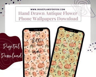 Set of 2 Phone Wallpapers Hand Drawn Phone Backgrounds with Vintage Flowers and Antique Floral Design