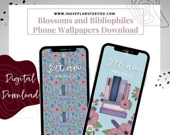 Set of Blossoms and Bibliophiles Phone Wallpapers Hand Drawn Phone Backgrounds with Pastel Flowers