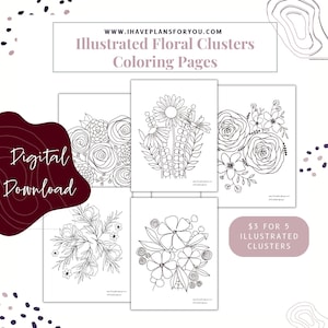Illustrated Floral Cluster Coloring Pages Hand Drawn Printable Download